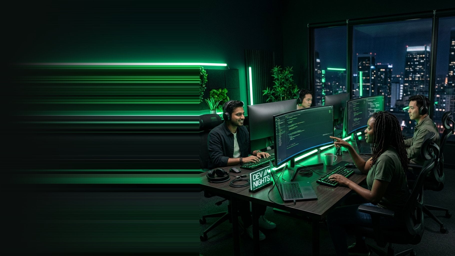 AWENUE software developer team collaborating in emerald green tech office